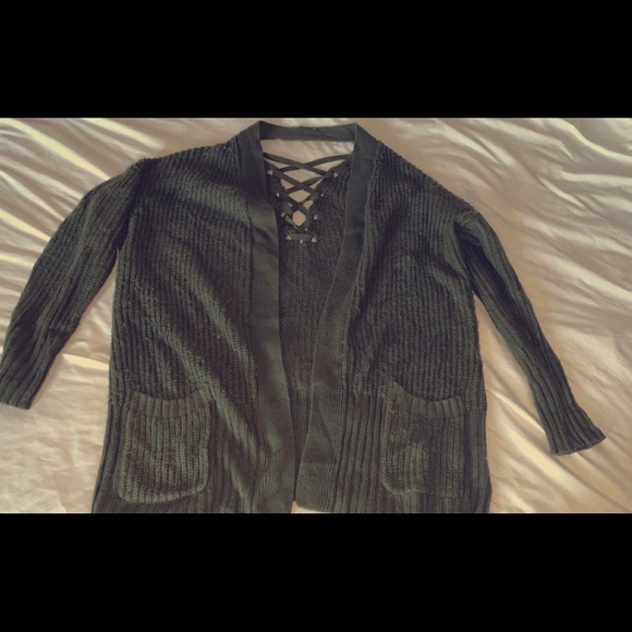Army green lace up back cardigan sweater - Picture 2 of 2